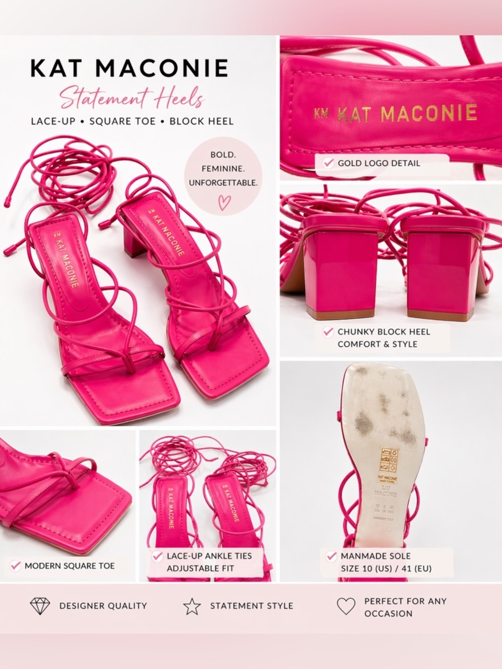 Kat Maconie Pink Lace Up Heels Square Toe Block Heel Size 10 Vibing Barbiecore! - Picture 4 of 13